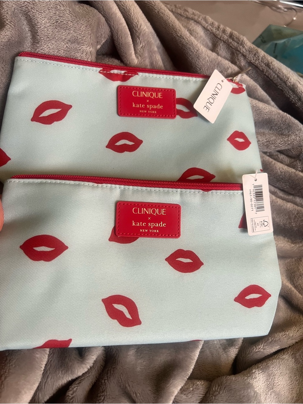 Kate Spade New York x Clinique 2 New Light Blue with Red Lips Cosmetic Bags
